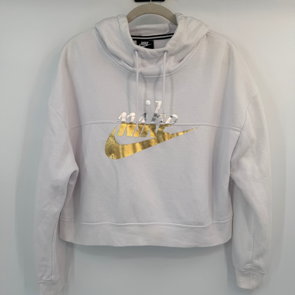 Nike Women White Metallic Gold Silver Foil Logo Cropped Hoodie Sweatshirt Medium
